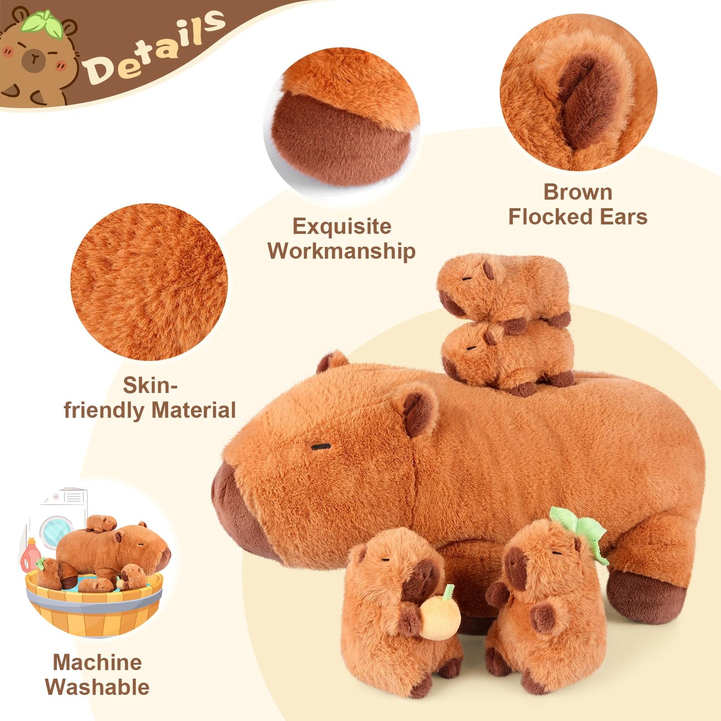 SuzziPals 5-in-1 Capybara Plush Set: Mommy & 4 Babies — Soft Stuffed Toys for Imaginative Play