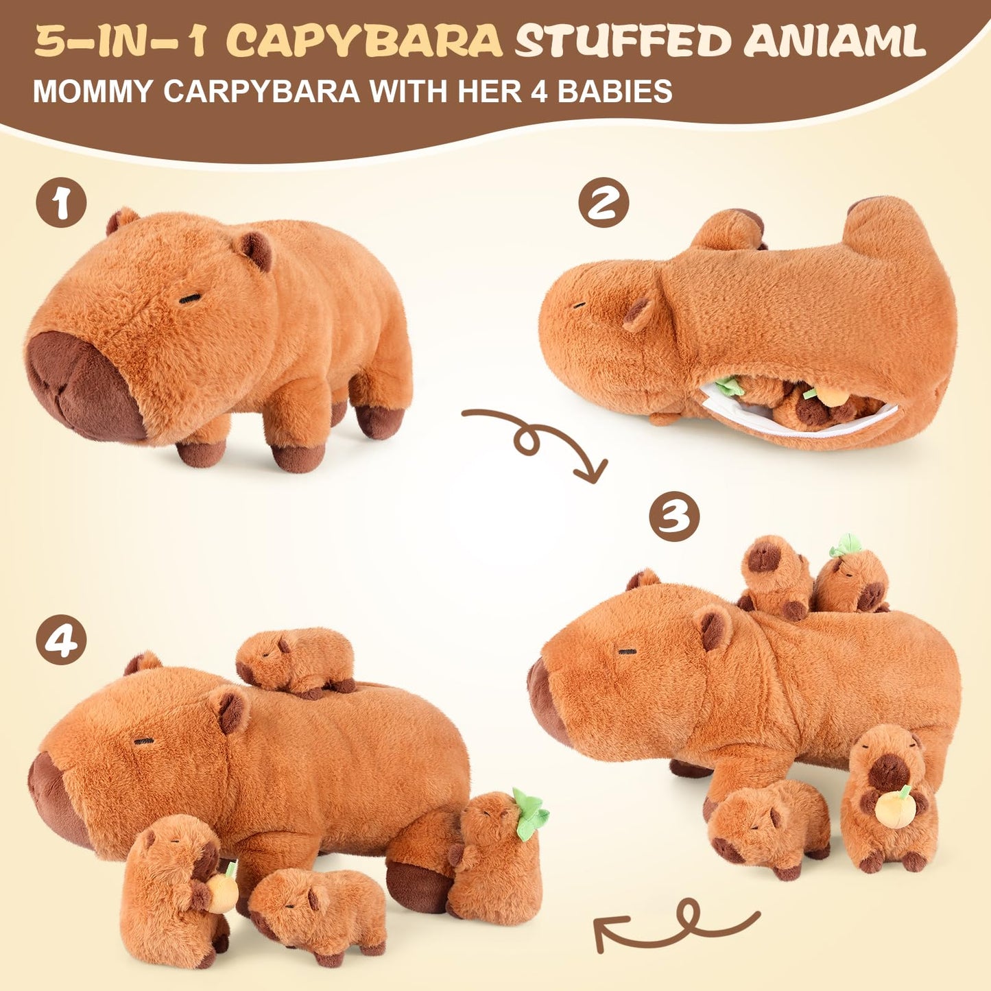 SuzziPals 5-in-1 Capybara Plush Set: Mommy & 4 Babies — Soft Stuffed Toys for Imaginative Play