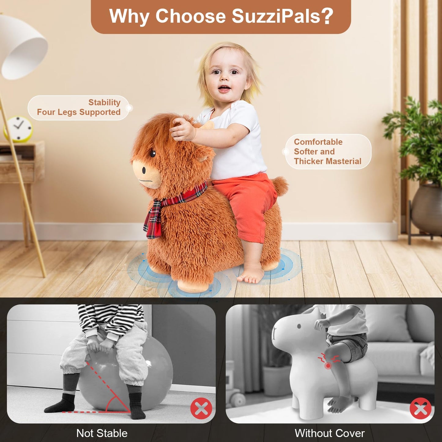 SuzziPals Bouncy Highland Cow Hopper – Plush IndoorOutdoor Ride-On Toy