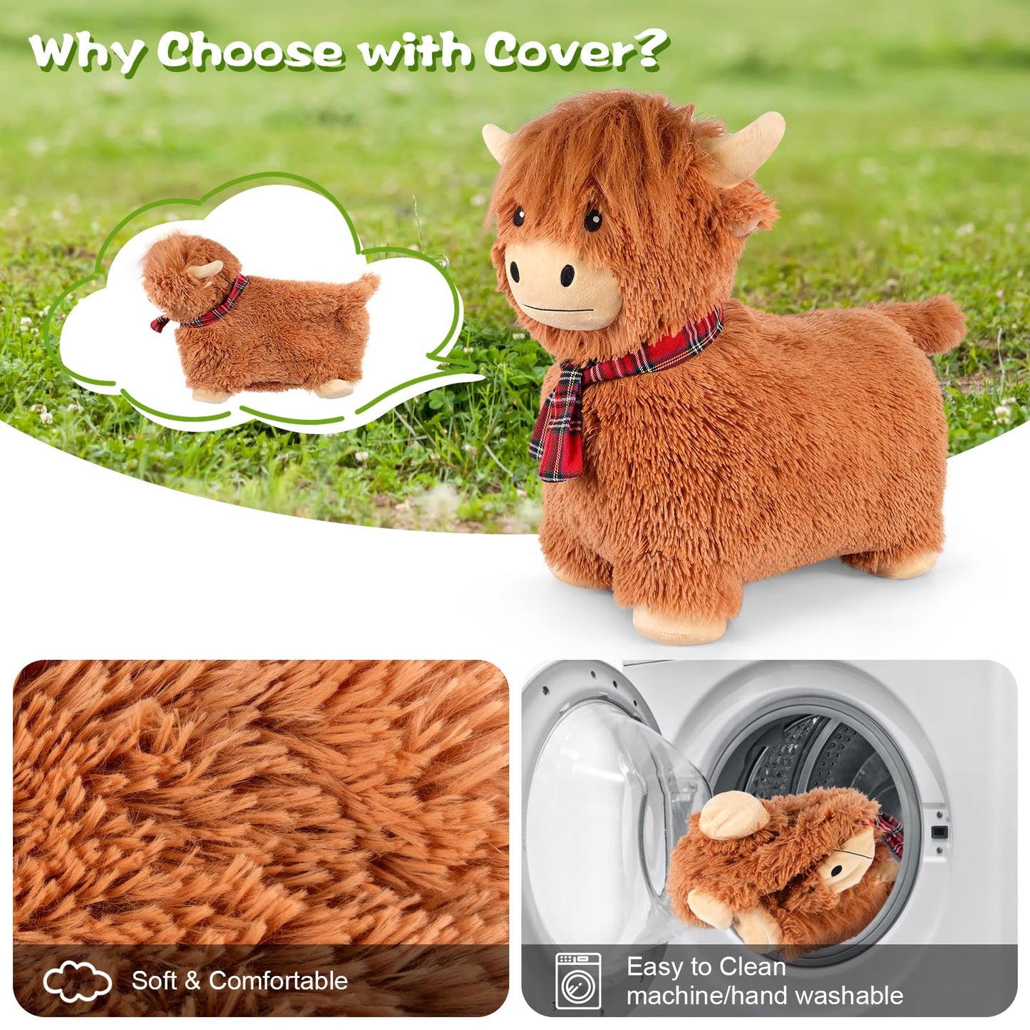 SuzziPals Bouncy Highland Cow Hopper – Plush IndoorOutdoor Ride-On Toy