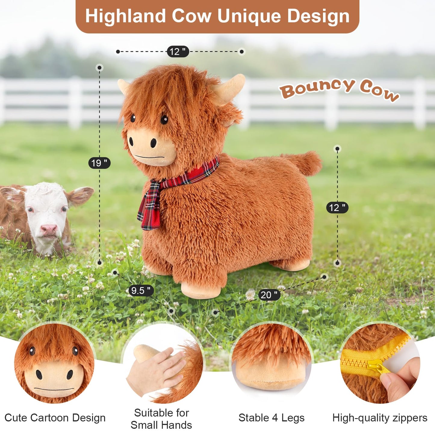 SuzziPals Bouncy Highland Cow Hopper – Plush IndoorOutdoor Ride-On Toy