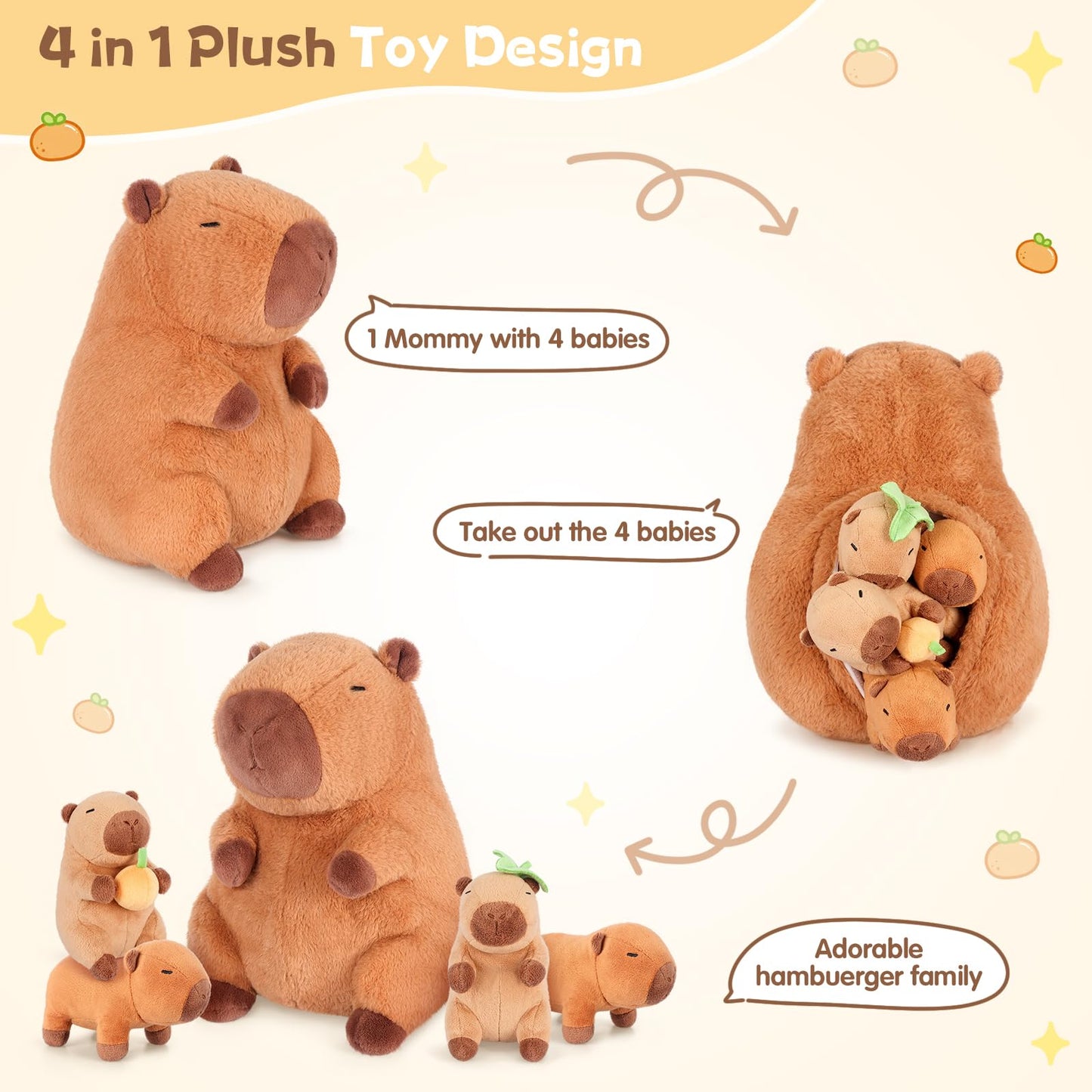SuzziPals 5-in-1 Capibara Plush Set – Mommy with 4 Babies
