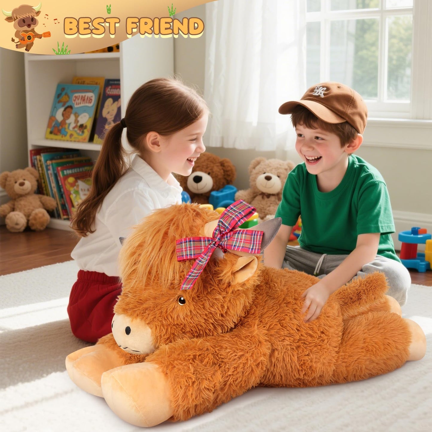 SuzziPals 43-Inch Giant Highland Cow Plush — Large Soft Stuffed Animal for Comfort, Play, and Decor