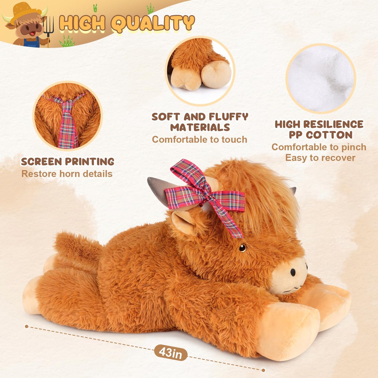 SuzziPals 43-Inch Giant Highland Cow Plush — Large Soft Stuffed Animal for Comfort, Play, and Decor