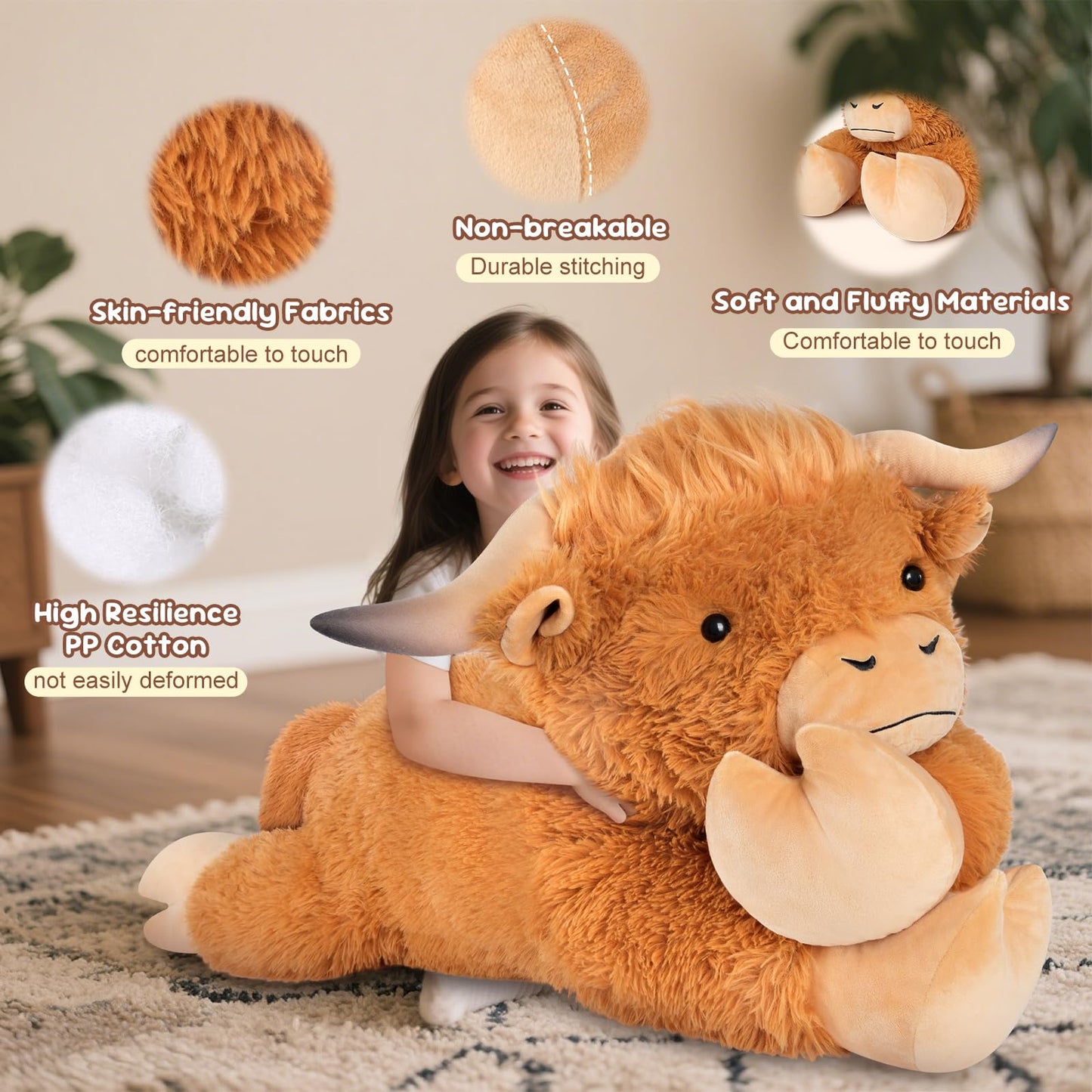 SuzziPals 43-Inch Giant Highland Cow Plush – Large Soft Stuffed Animal for Kids & Adults