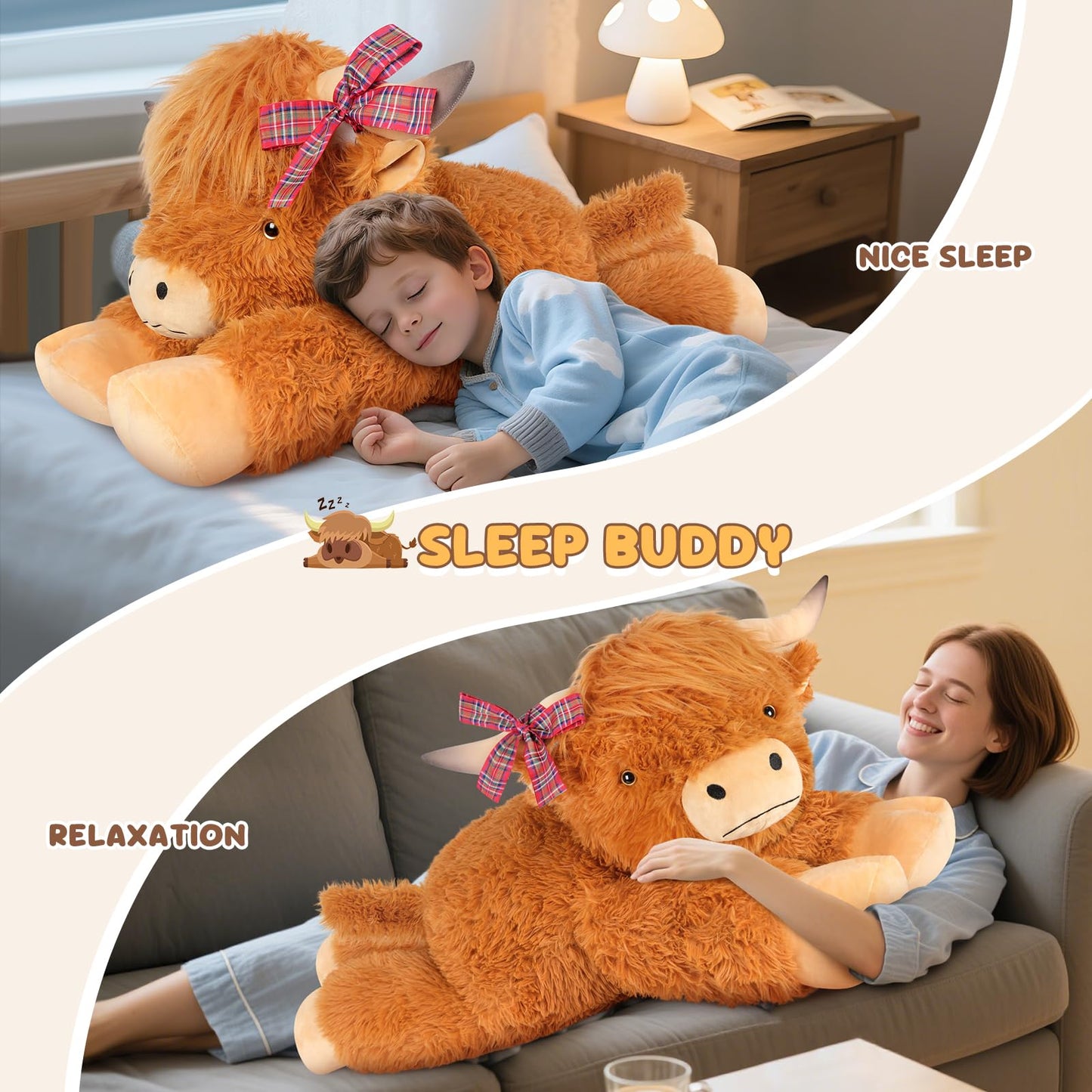 SuzziPals 43-Inch Giant Highland Cow Plush — Large Soft Stuffed Animal for Comfort, Play, and Decor