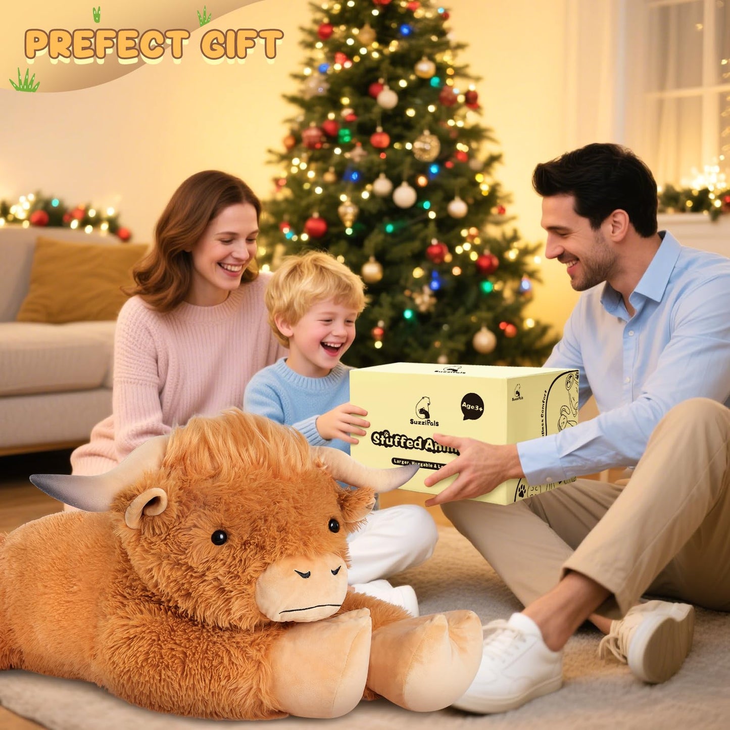 SuzziPals 43-Inch Giant Highland Cow Plush – Large Soft Stuffed Animal for Kids & Adults