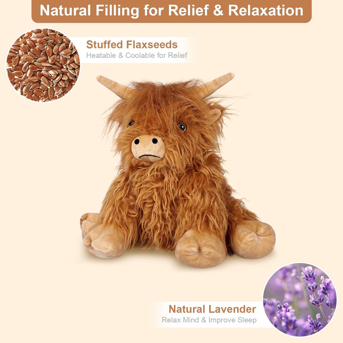 SuzziPals Highland Cow Plush – Heatable & Coolable Microwavable Heating Pad with Lavender