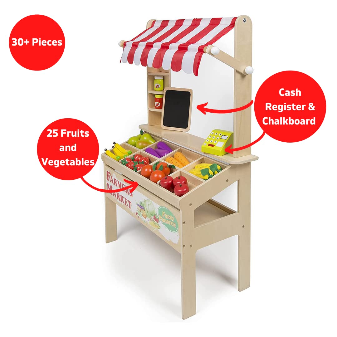 Svan Wooden Farmers Market Stand Toy – 30+ Pieces for Imaginative Play