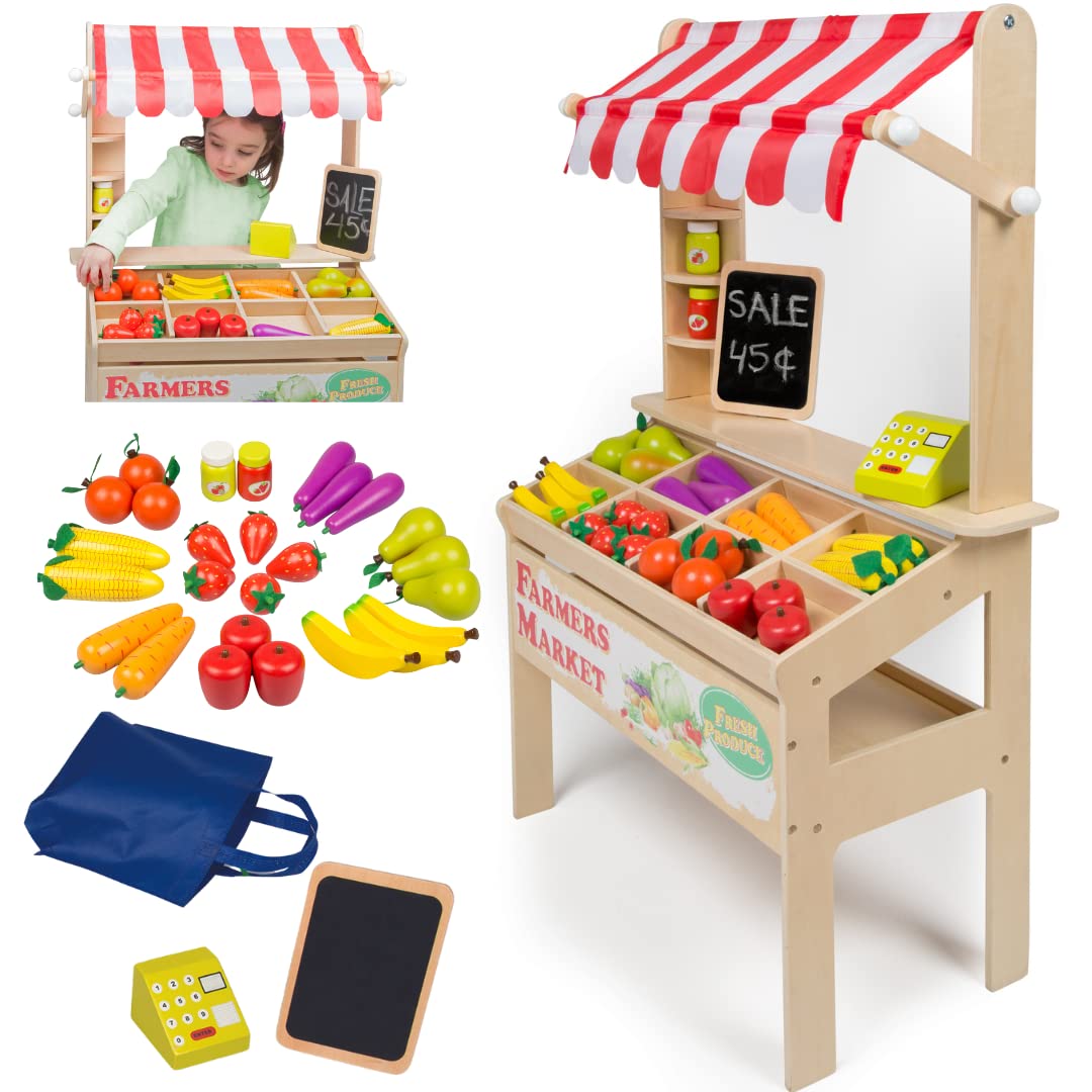 Svan Wooden Farmers Market Stand Toy – 30+ Pieces for Imaginative Play