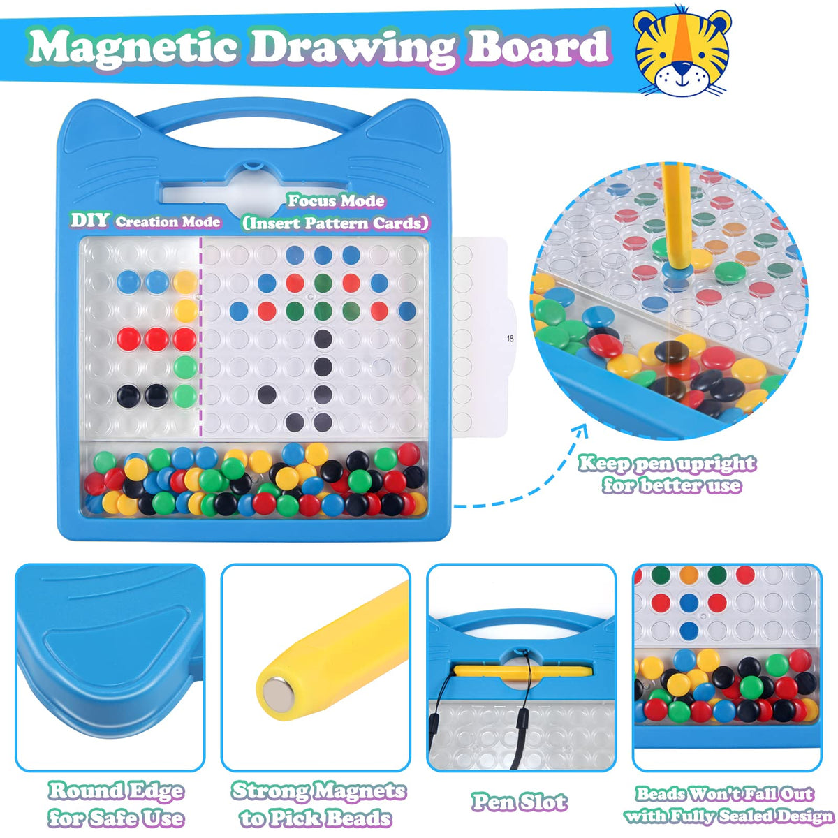 Svance Magnetic Drawing Board for Kids - 8x8 Travel Doodle with Beads & 2 Pens (Blue Cat)