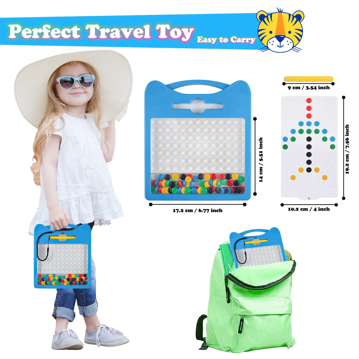Svance Magnetic Drawing Board for Kids - 8x8 Travel Doodle with Beads & 2 Pens (Blue Cat)