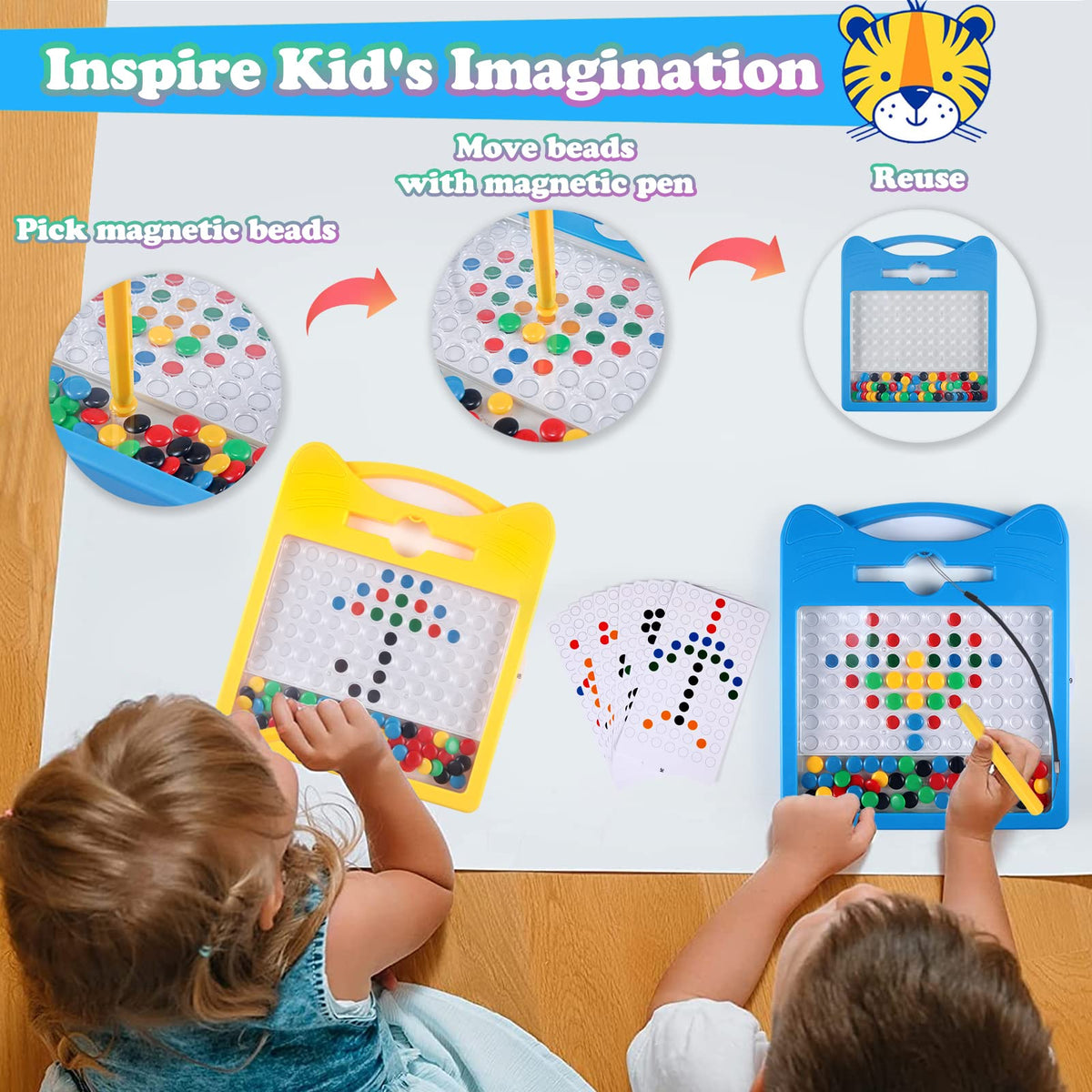 Svance Magnetic Drawing Board for Kids - 8x8 Travel Doodle with Beads & 2 Pens (Blue Cat)