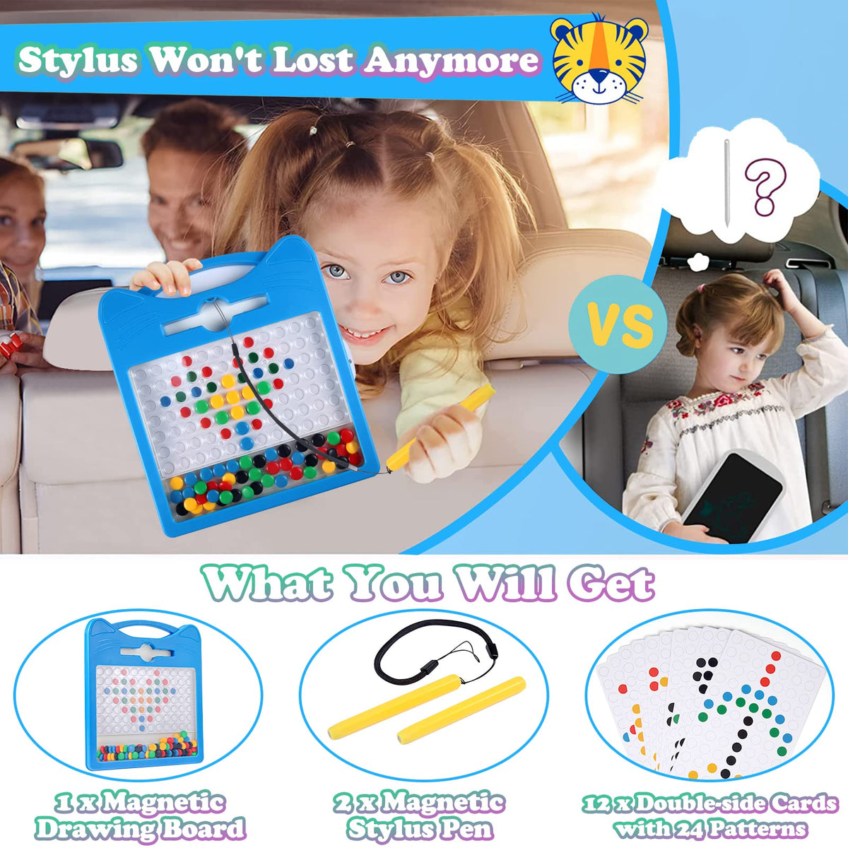 Svance Magnetic Drawing Board for Kids - 8x8 Travel Doodle with Beads & 2 Pens (Blue Cat)