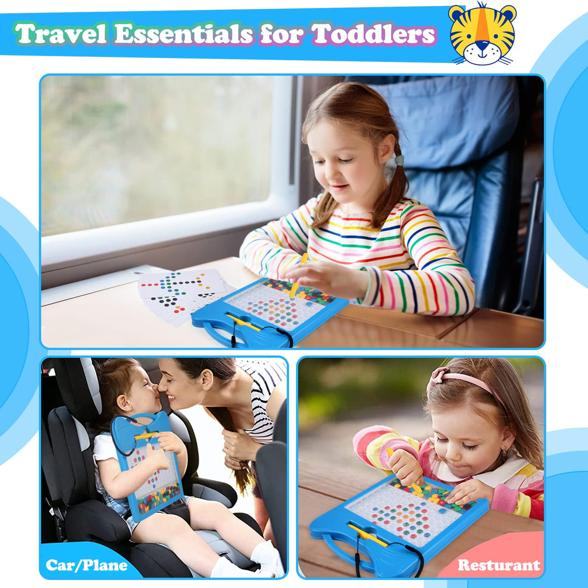 Svance Magnetic Drawing Board for Kids - 8x8 Travel Doodle with Beads & 2 Pens (Blue Cat)