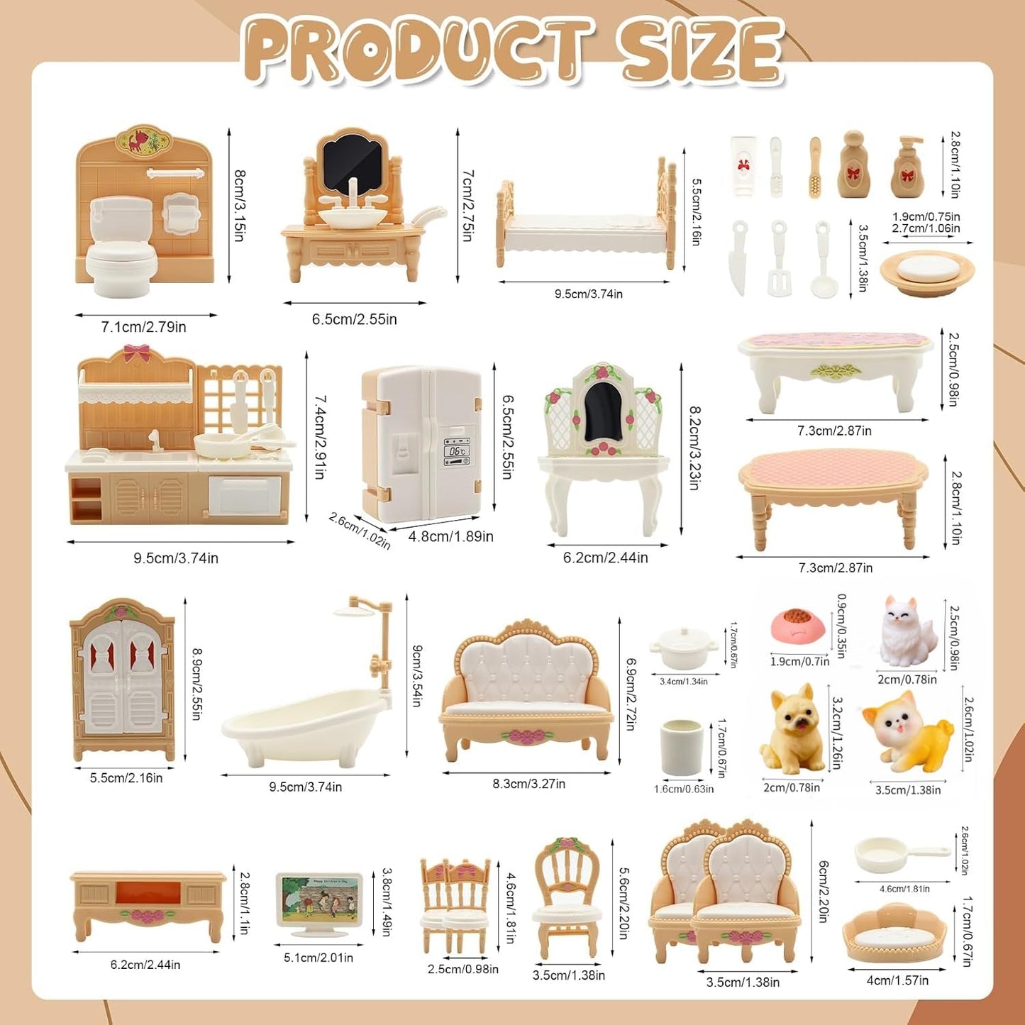 SwankyStyle 36Pcs Dollhouse Furniture Set - 1:12 Scale Miniatures for Playhouse, Beige