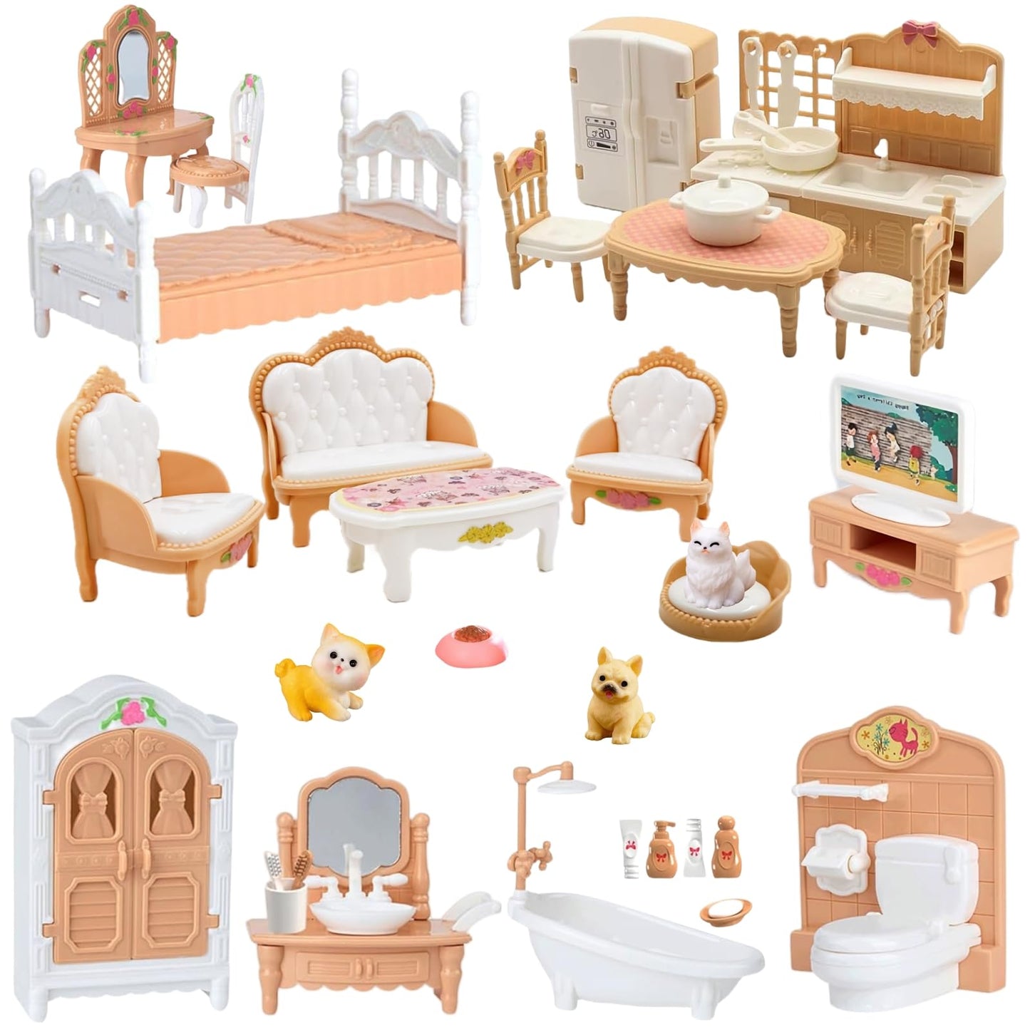SwankyStyle 36Pcs Dollhouse Furniture Set - 1:12 Scale Miniatures for Playhouse, Beige