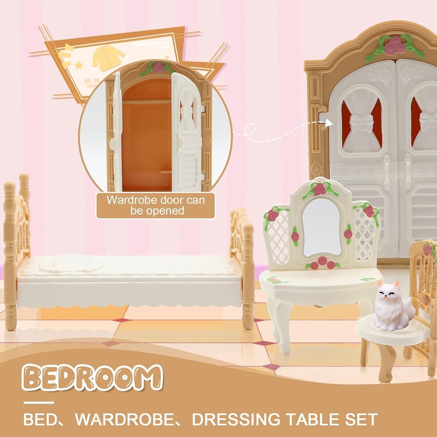 SwankyStyle 36Pcs Dollhouse Furniture Set - 1:12 Scale Miniatures for Playhouse, Beige