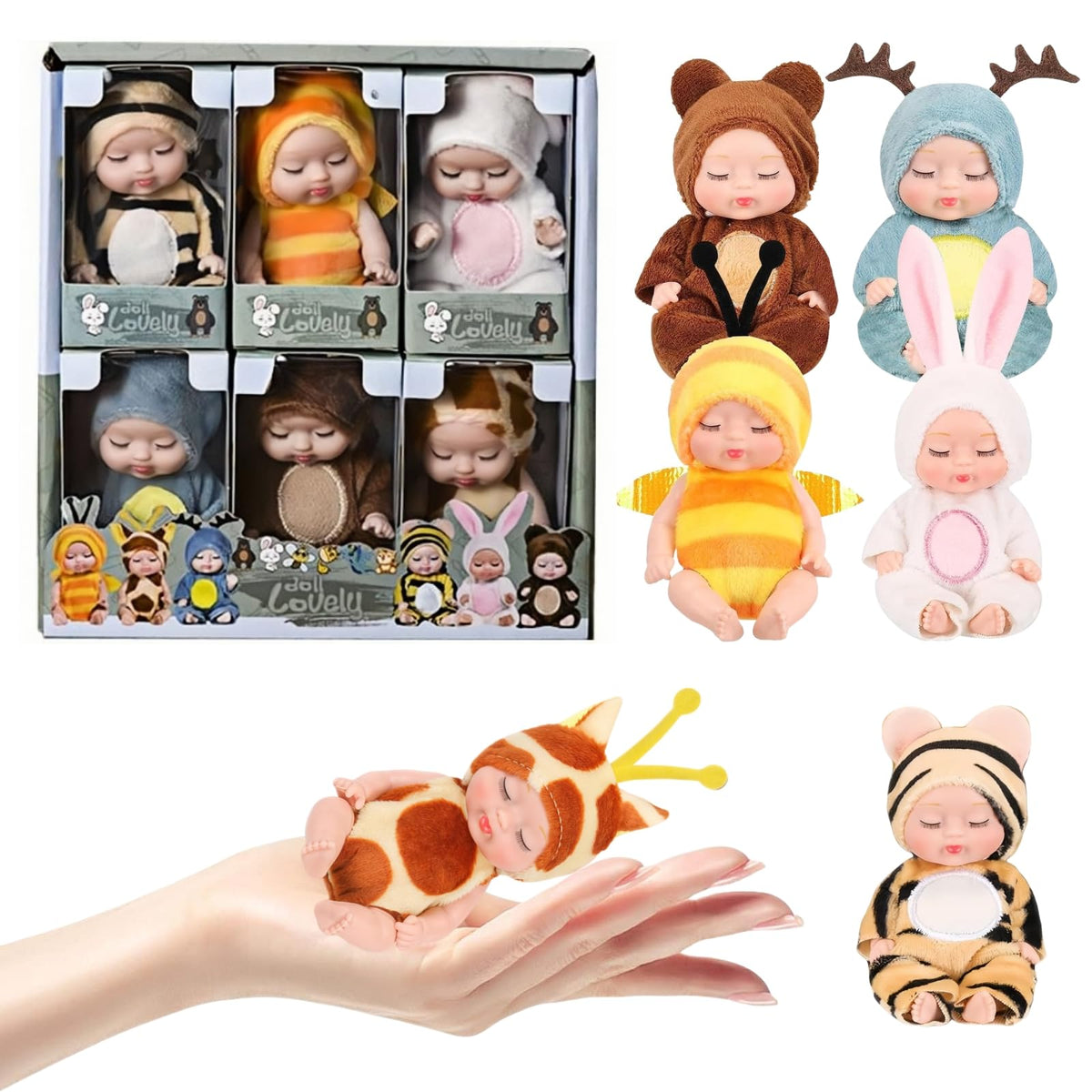 SwankyStyle 6 Pcs Mini Baby Dolls Gift Set — 4 Inch Dolls with Animal Clothes