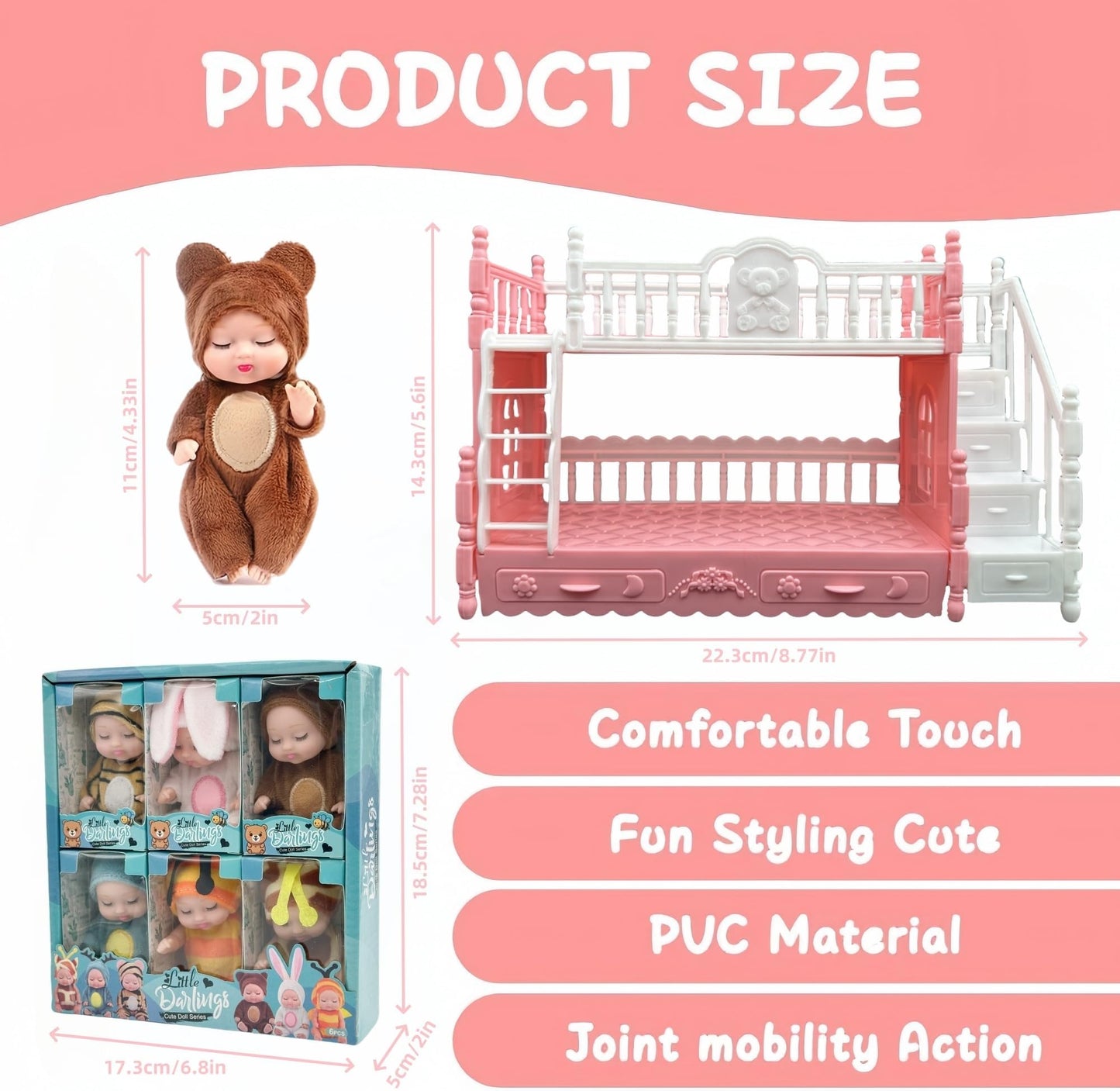 SwankyStyle 6 Pcs Mini Baby Dolls with Animal Outfits & Bunk Bed (Style C)