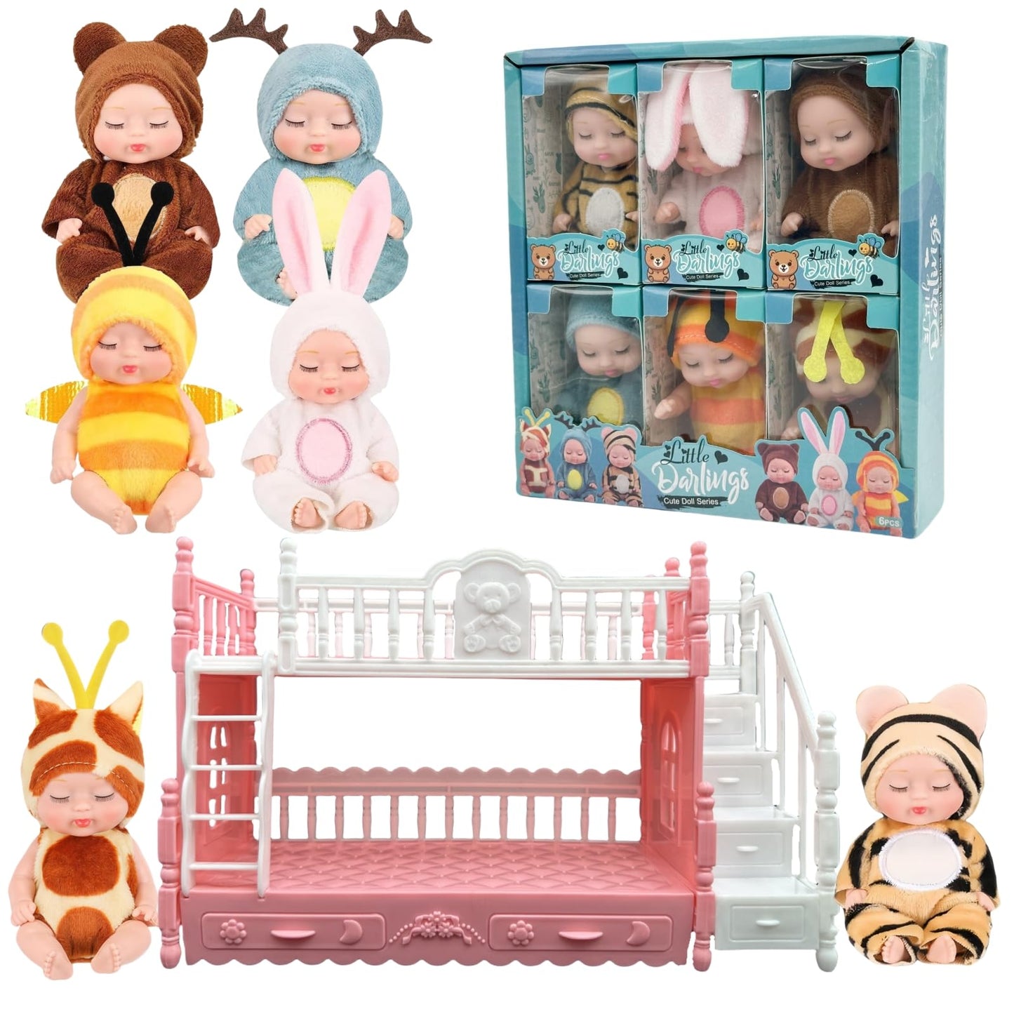SwankyStyle 6 Pcs Mini Baby Dolls with Animal Outfits & Bunk Bed (Style C)