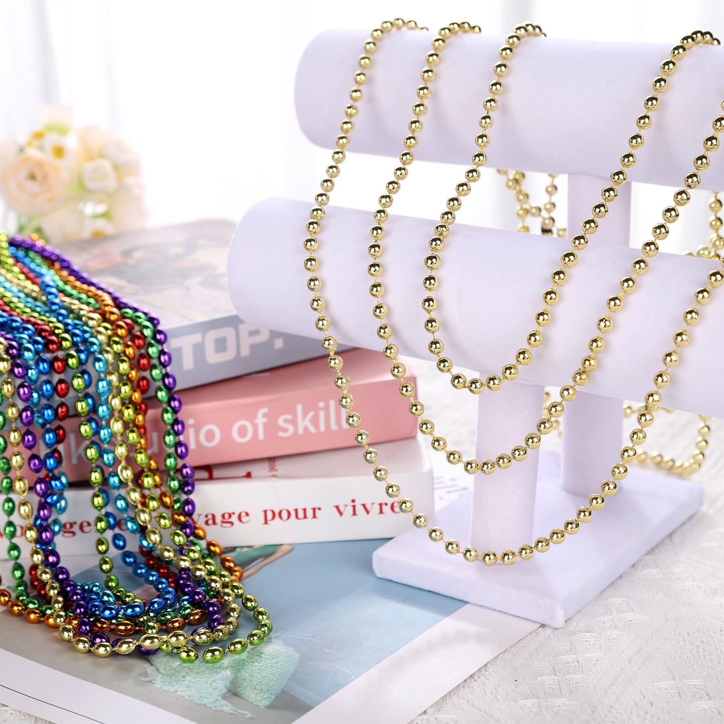 SWANUCKY 48-Pack Gold Mardi Gras Beads – 33-Inch Plastic Necklaces for Parties