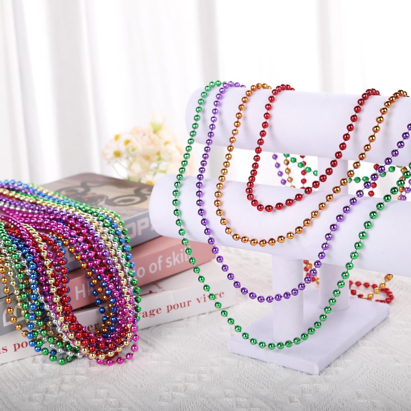 SWANUCKY 48-Pack Mardi Gras Beads Necklaces | 33-Inch Plastic Beads for Parties and Decor