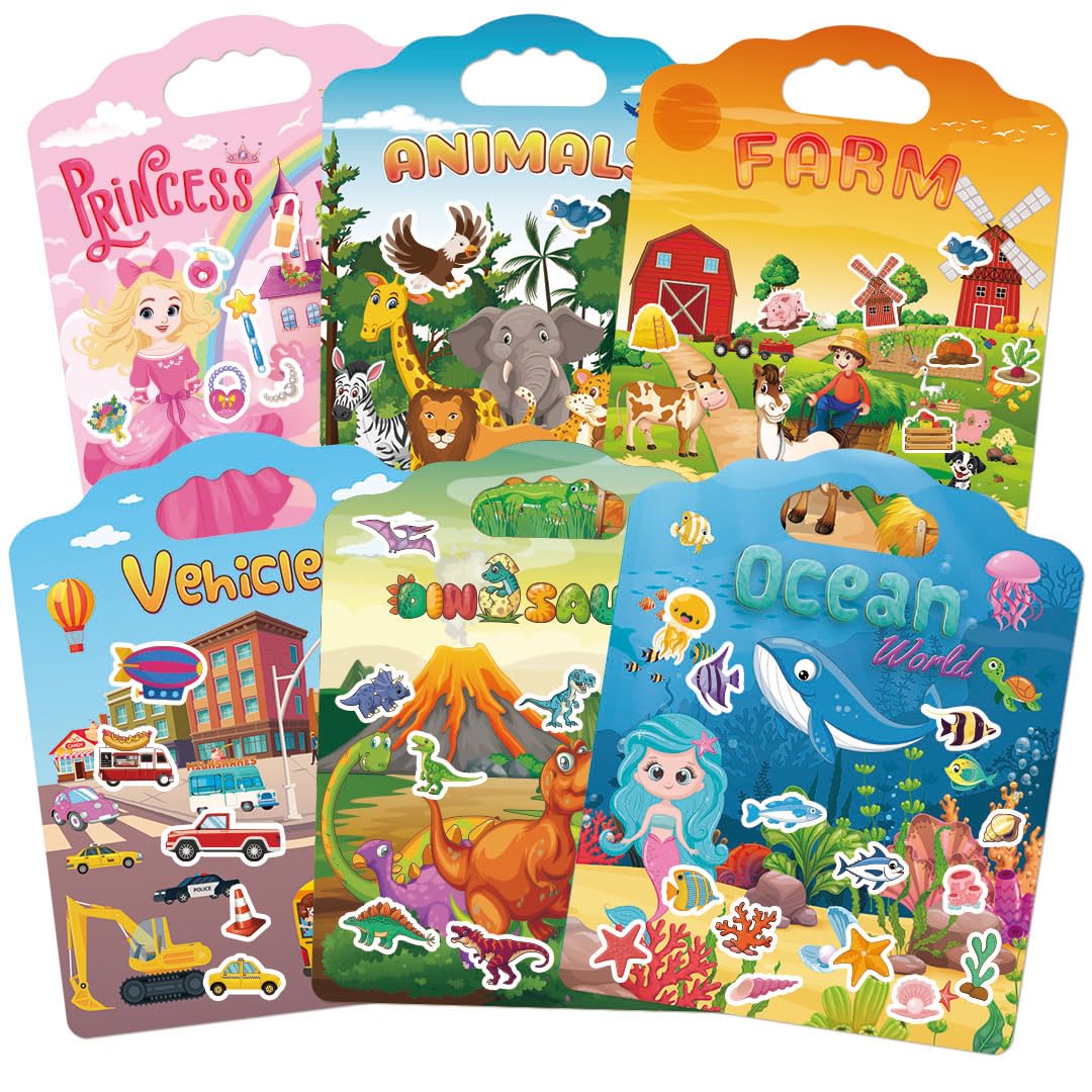 SWARKOL 6-Set Reusable Sticker Books for Toddlers – Animal, Farm, Princess, Vehicles, Ocean, Dinosaurs
