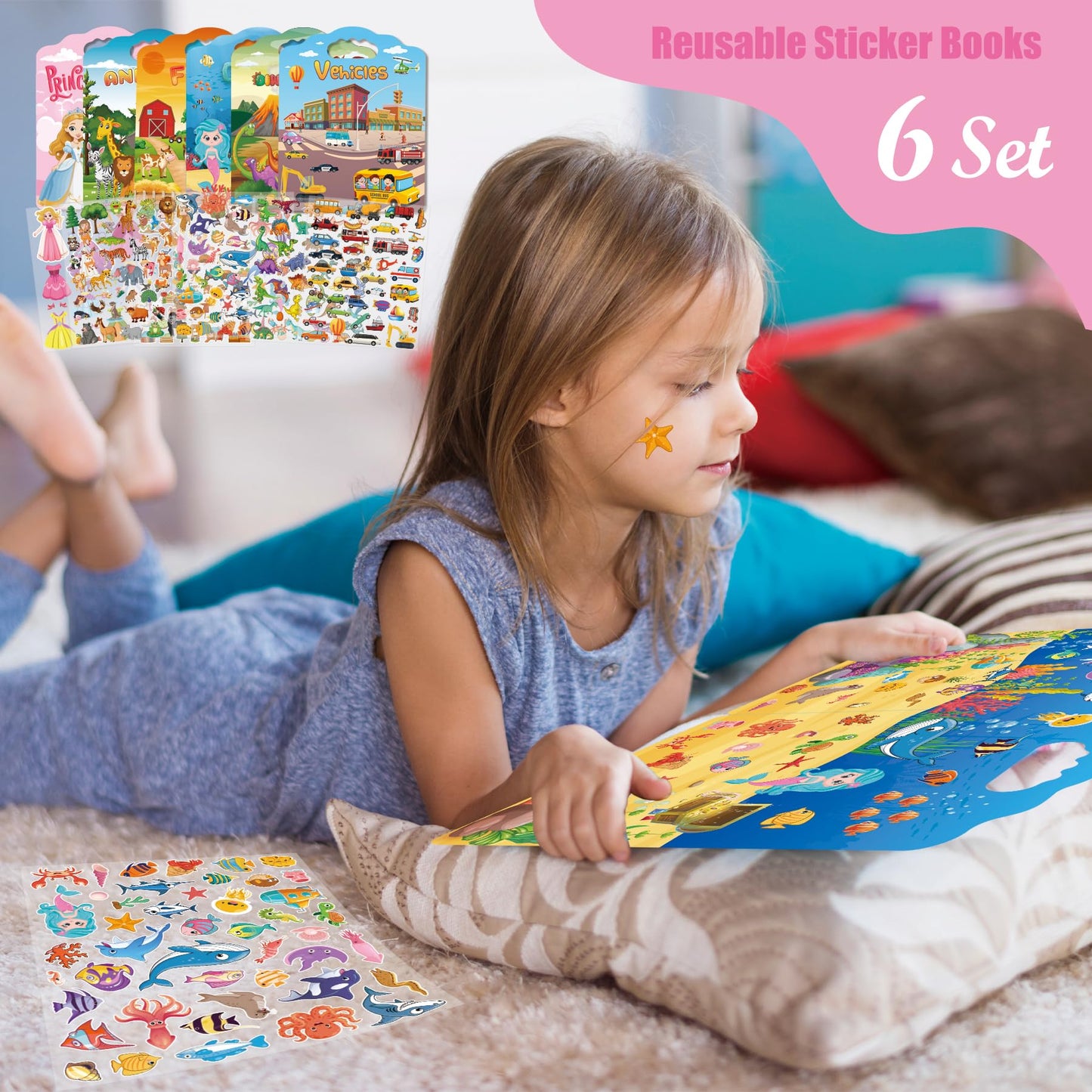 SWARKOL 6-Set Reusable Sticker Books for Toddlers – Animal, Farm, Princess, Vehicles, Ocean, Dinosaurs