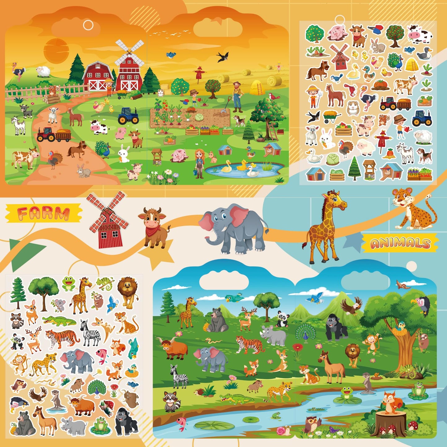 SWARKOL 6-Set Reusable Sticker Books for Toddlers – Animal, Farm, Princess, Vehicles, Ocean, Dinosaurs
