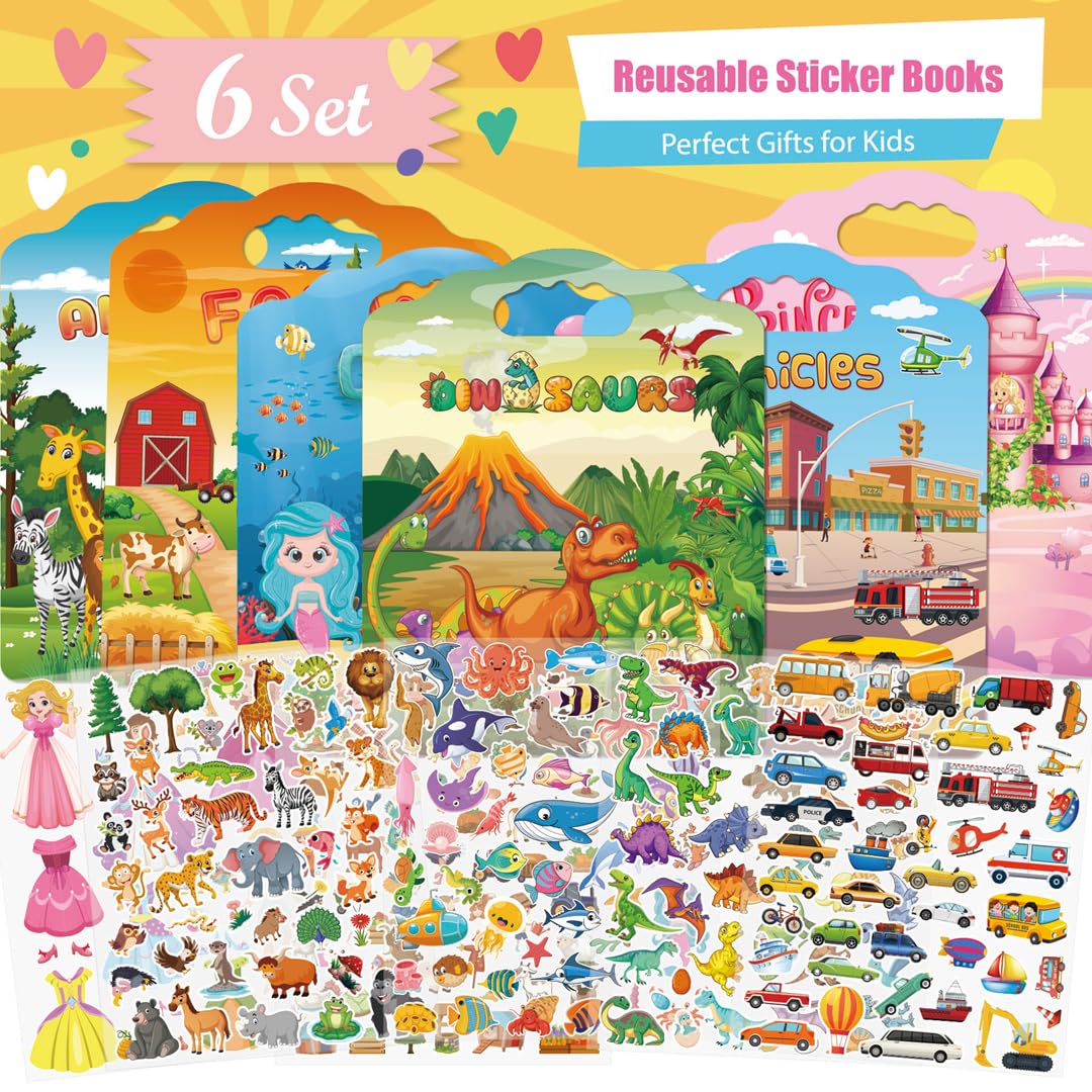 SWARKOL 6-Set Reusable Sticker Books for Toddlers – Animal, Farm, Princess, Vehicles, Ocean, Dinosaurs