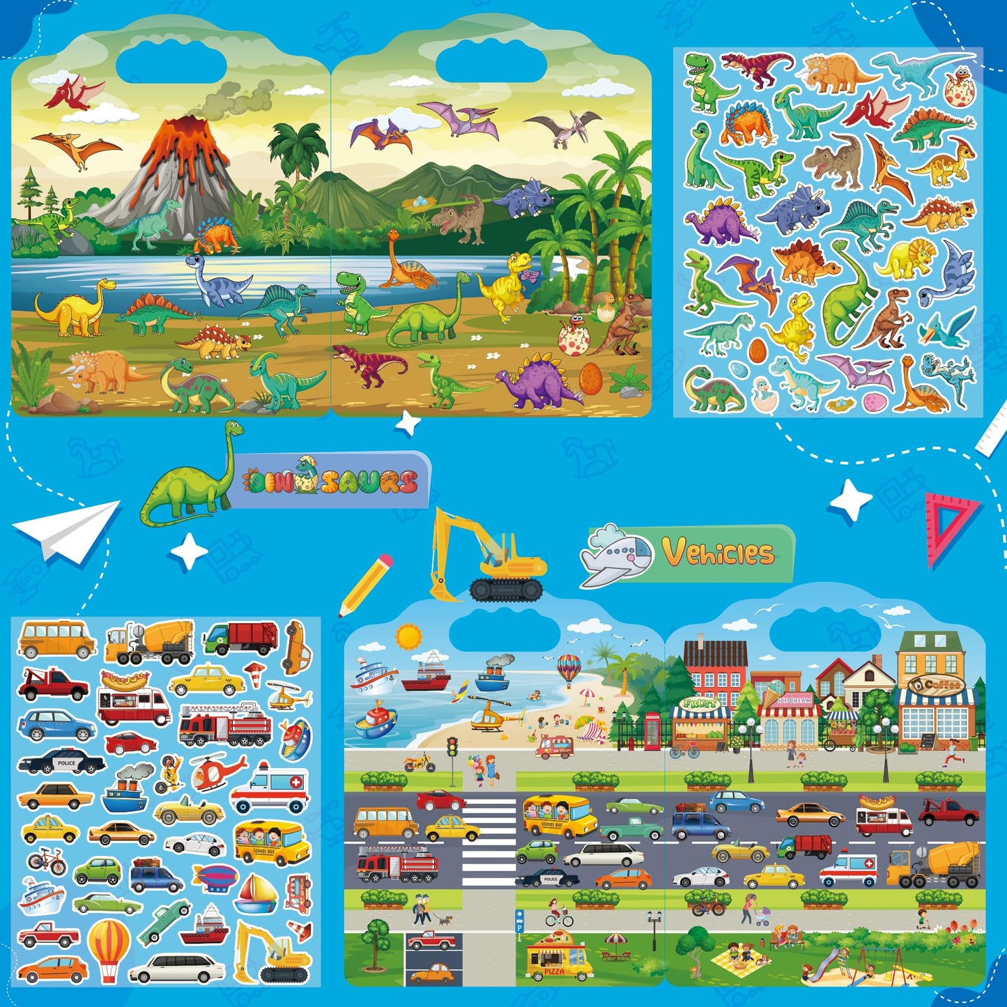 SWARKOL 6-Set Reusable Sticker Books for Toddlers – Animal, Farm, Princess, Vehicles, Ocean, Dinosaurs