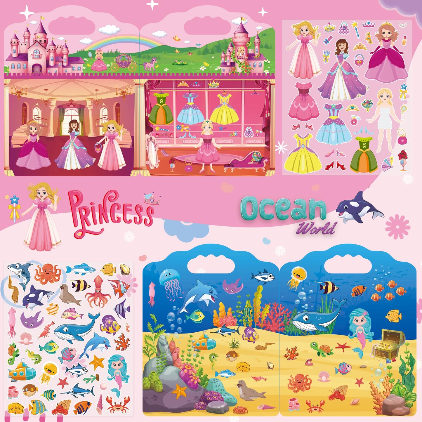 SWARKOL 6-Set Reusable Sticker Books for Toddlers – Animal, Farm, Princess, Vehicles, Ocean, Dinosaurs