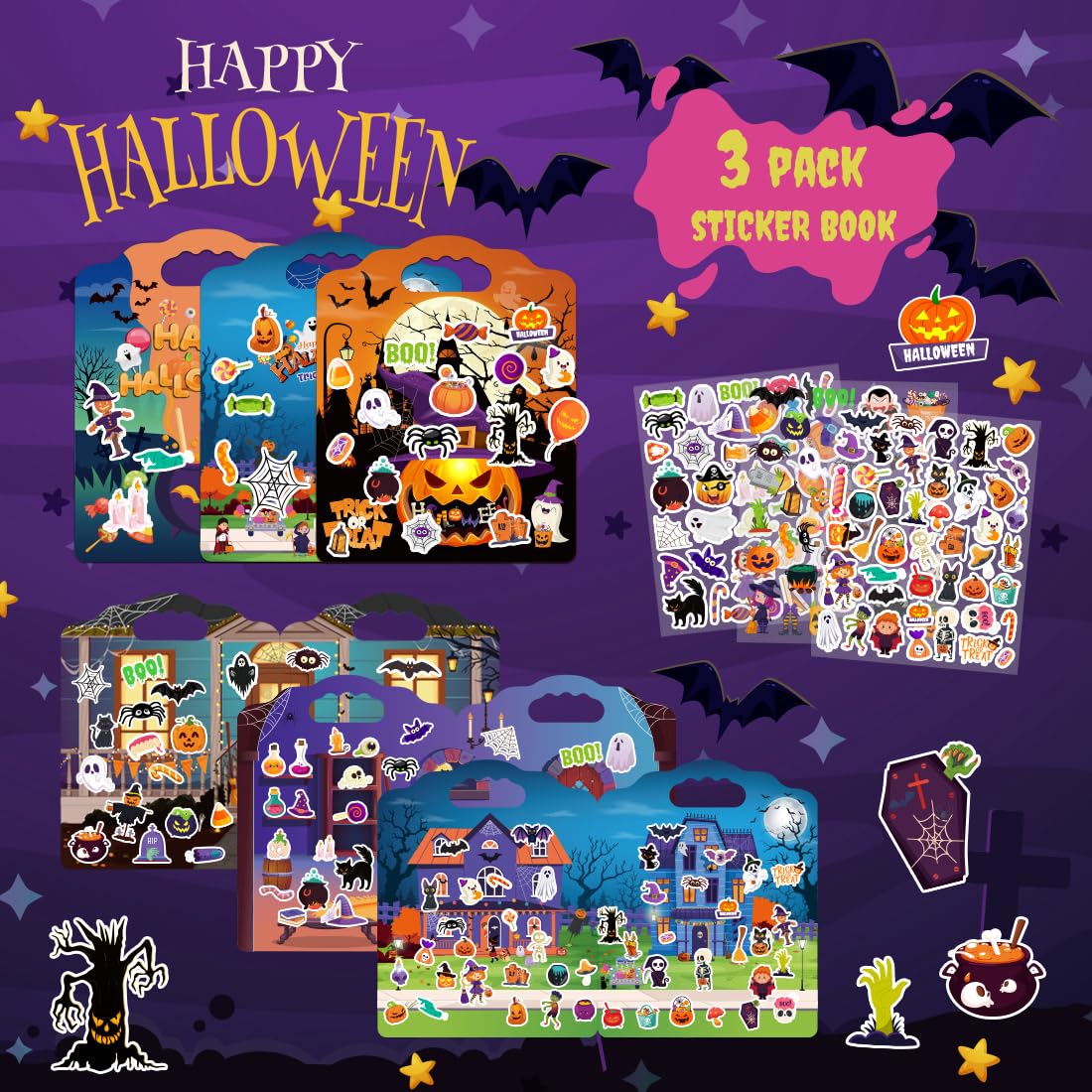 SWARKOL 3Sets Halloween Reusable Sticker Books for Kids – Puffy Sticker Books for Toddlers 2-4 & Party Favors