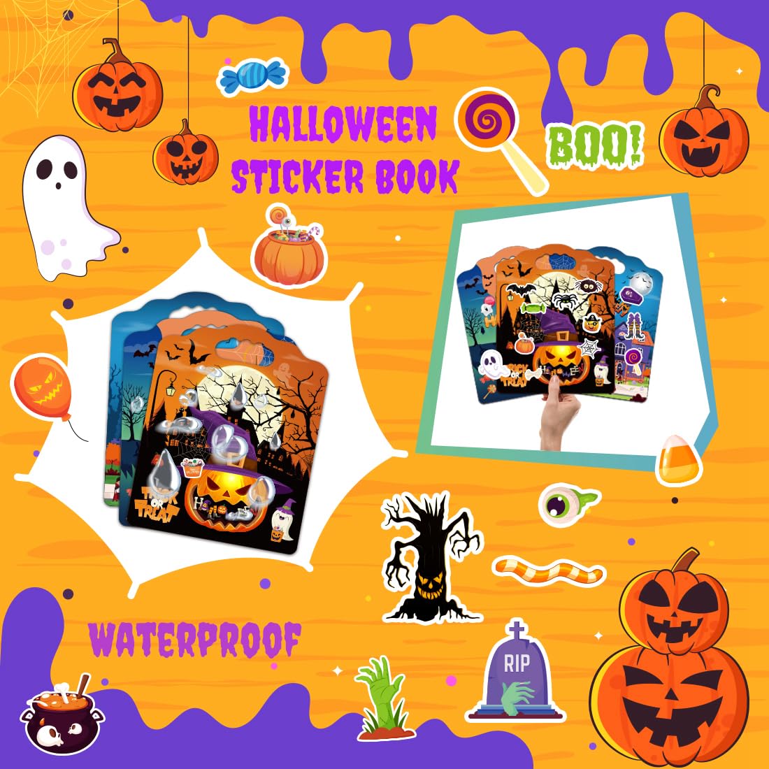 SWARKOL 3Sets Halloween Reusable Sticker Books for Kids – Puffy Sticker Books for Toddlers 2-4 & Party Favors