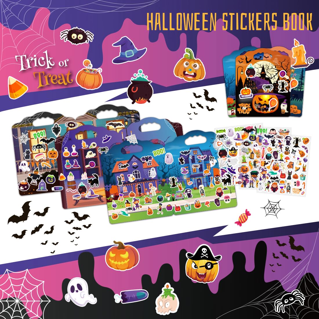 SWARKOL 3Sets Halloween Reusable Sticker Books for Kids – Puffy Sticker Books for Toddlers 2-4 & Party Favors