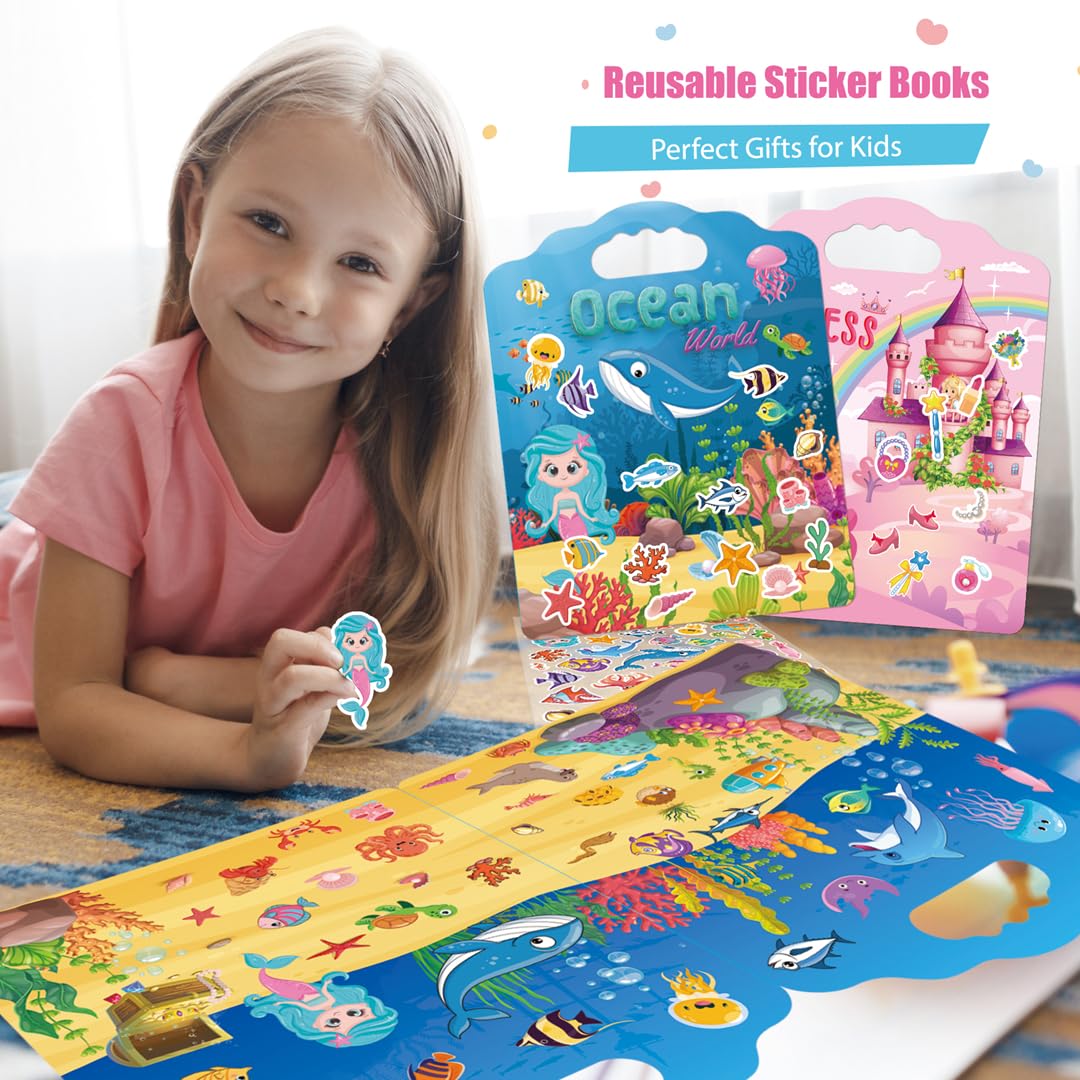 SWARKOL 2-Pack Reusable Puffy Sticker Books for Toddlers (Ages 2-4) – Princess & Ocean