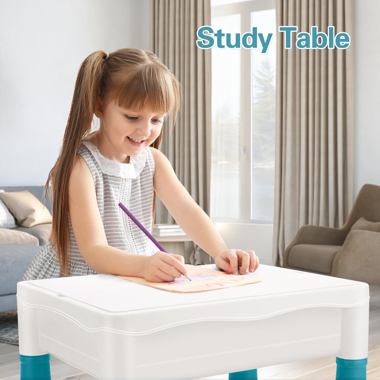 SWATOW Kids Activity Table 6-in-1 | Adjustable Height Play Table & Chair Set, 105pc Marble Run, Water & Sand Table