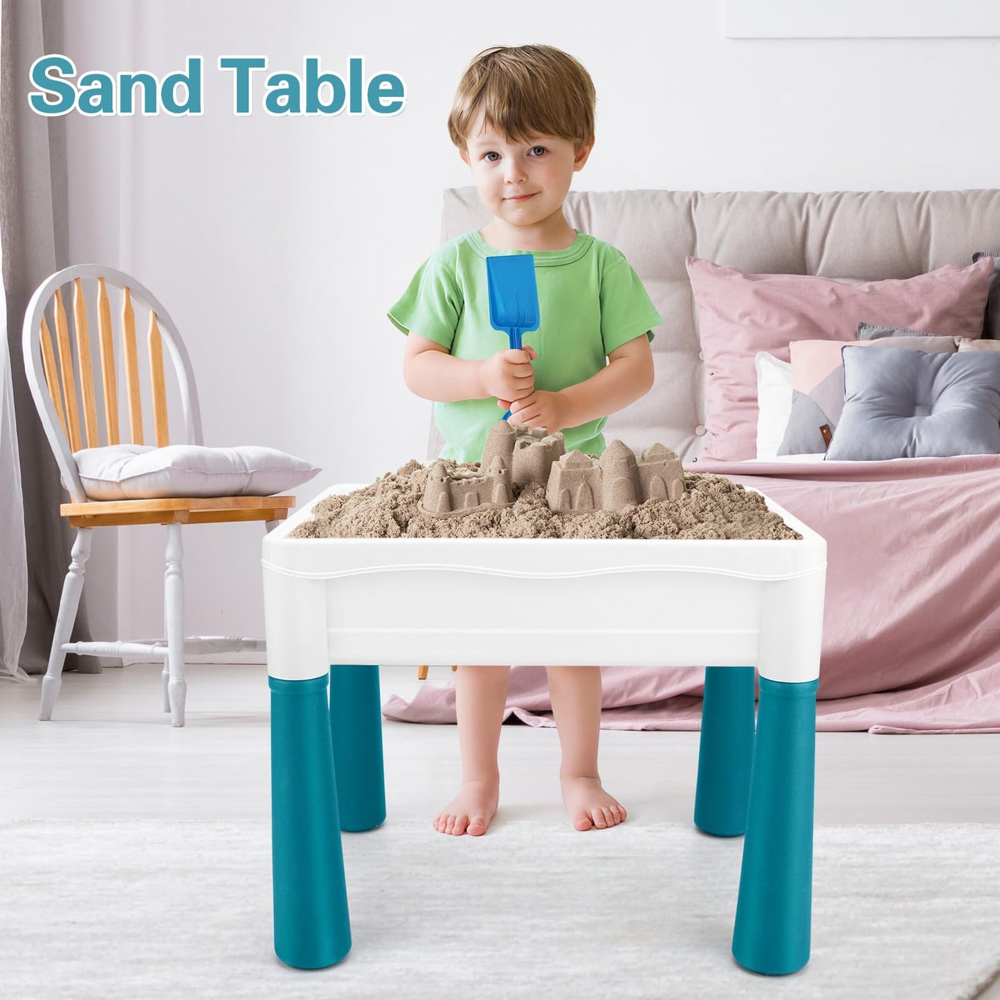 SWATOW Kids Activity Table 6-in-1 | Adjustable Height Play Table & Chair Set, 105pc Marble Run, Water & Sand Table