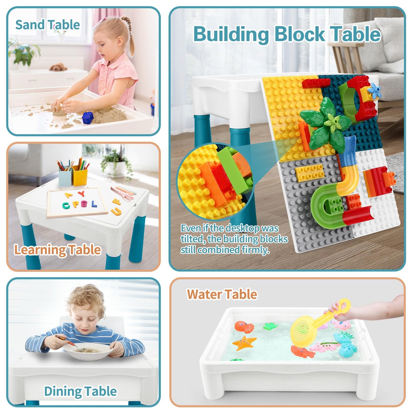 SWATOW Kids Activity Table 6-in-1 | Adjustable Height Play Table & Chair Set, 105pc Marble Run, Water & Sand Table