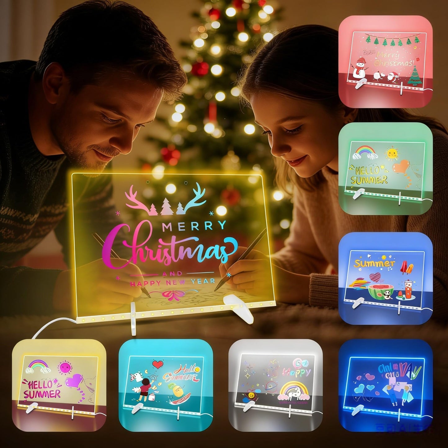 Sweetone LED Acrylic Dry Erase Board – 13.7 x 10 in, Colorful Lights, 4 Modes, Includes 7 Pens