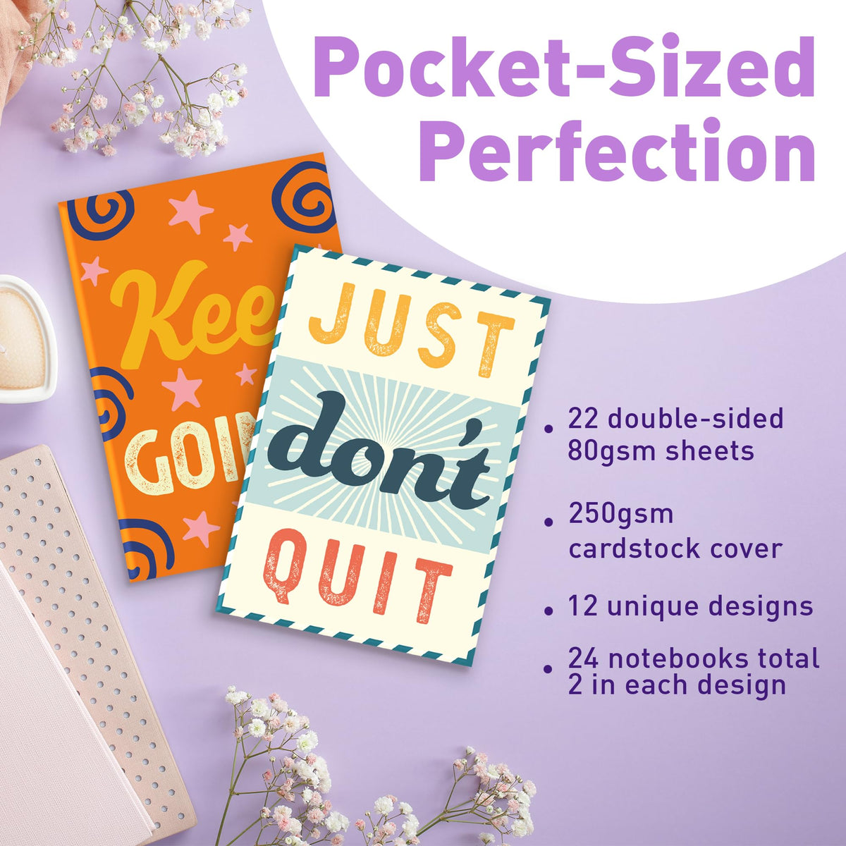 Sweetzer & Orange S&O Motivational Mini Notebooks Bulk Set — 24 Pocket Journals for Kids (44 Pages, 3.5 x 5)