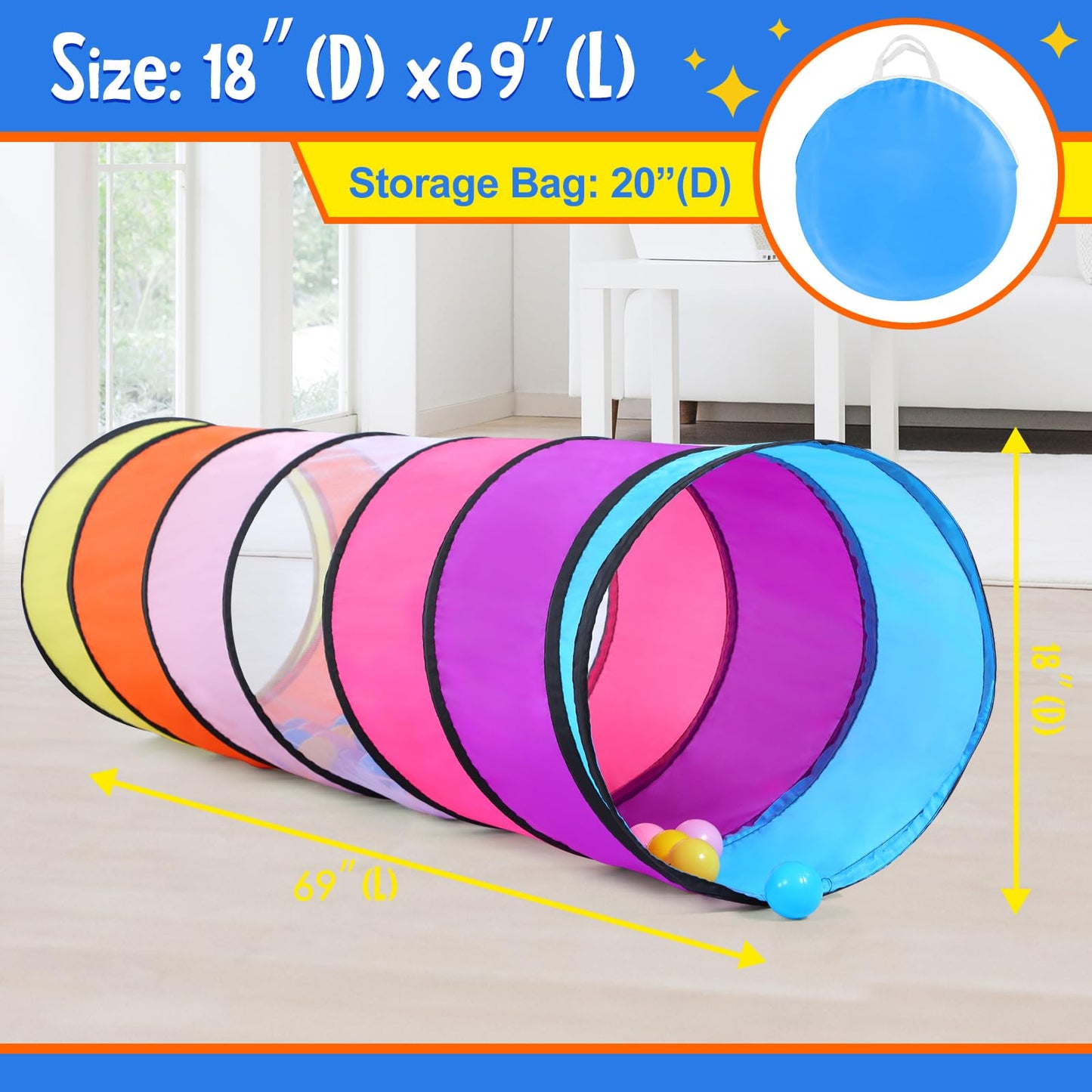 SweHouse Colorful Play Tent Tunnel for Babies & Kids – Mesh Windows, Indoor/Outdoor Pop-Up Tunnel Toy