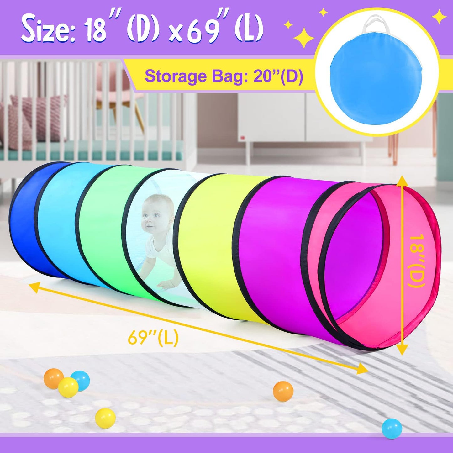 SweHouse Rainbow Baby Play Tunnel – Safe Pop-Up Crawl Tunnel for Toddlers & Pets