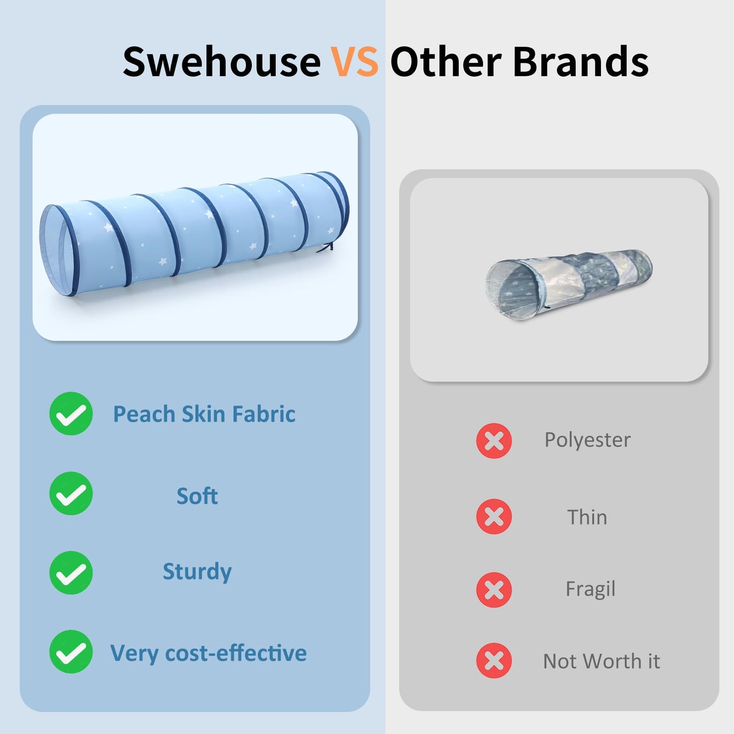 SweHouse Peachskin Fabric Tunnel for Toddlers – 69 x 18 in Indoor Outdoor Crawl Toy