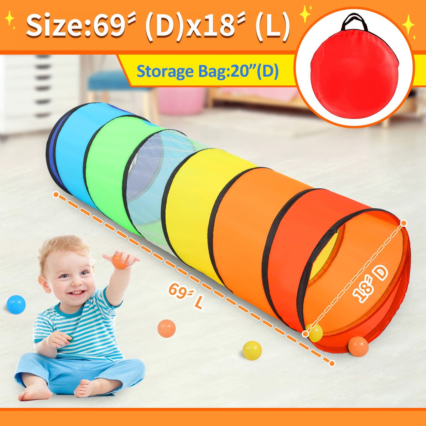 SweHouse Kids Play Tunnel – Rainbow Pop Up Crawl Through Tunnel
