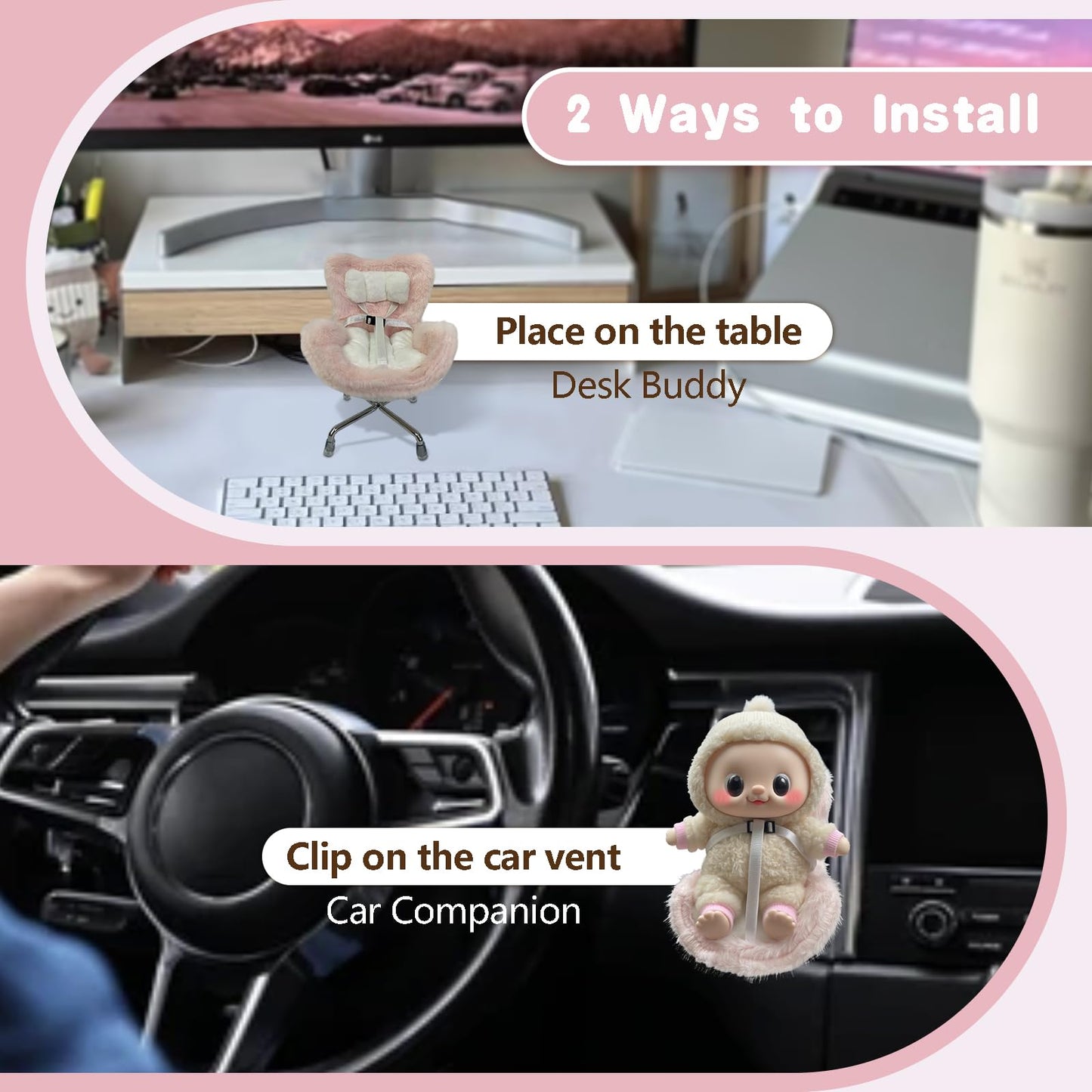 SwiftServ Doll Car Seat for 3–8 Inch Figures | Air Vent Clip & Desktop Stand | Pink