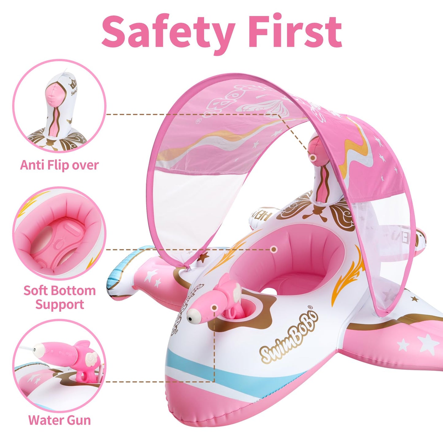 Swimbobo Toddler Pool Float – Pink Airplane with Adjustable Sun Canopy & Safety Seat (3+)