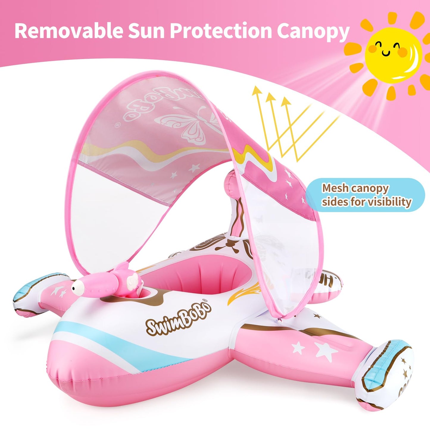 Swimbobo Toddler Pool Float – Pink Airplane with Adjustable Sun Canopy & Safety Seat (3+)