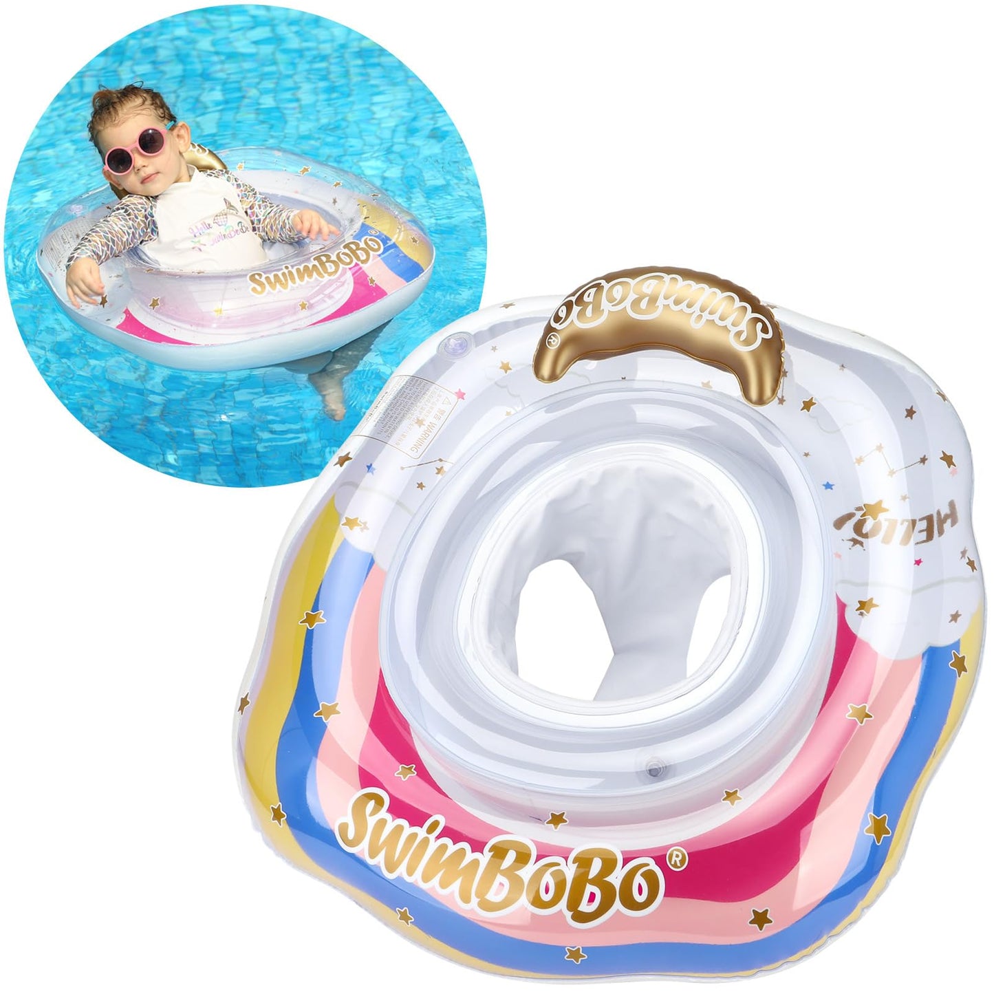 Swimbobo Rainbow Baby Float with Safety Seat - Inflatable Pool Toy for 6-36 Months